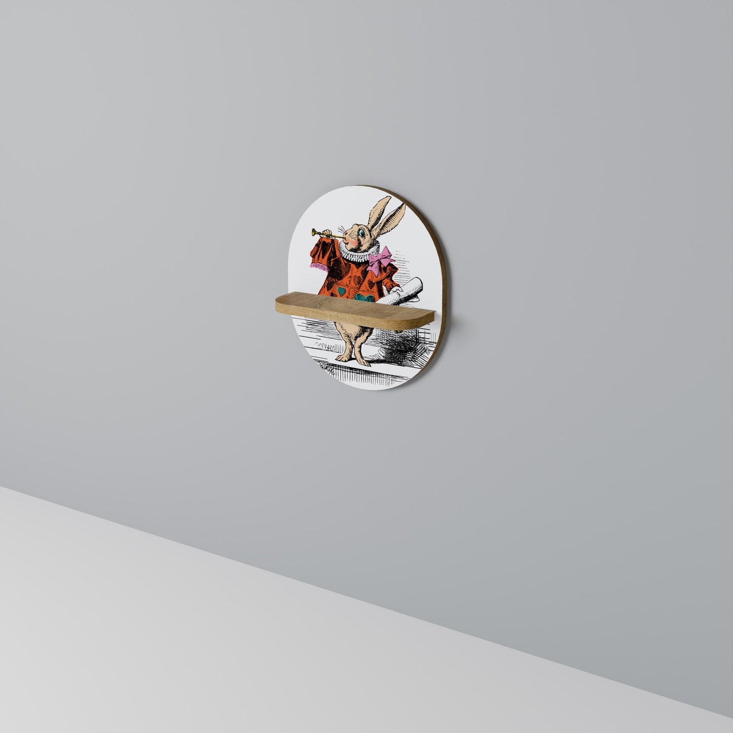 COLORFUL WHITE RABBIT Oval Art Shelf In Oak Effect