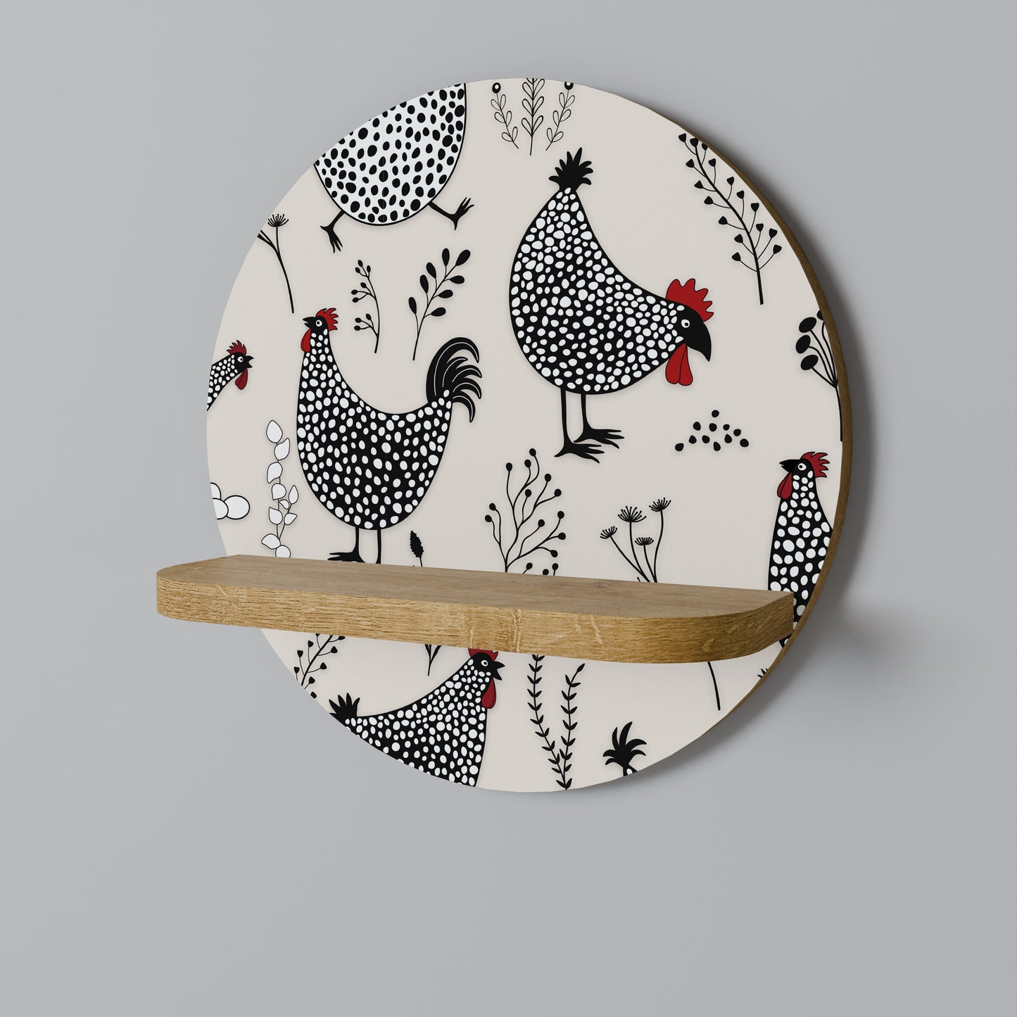 HAPPY HENS Round Art Shelf In Oak Effect