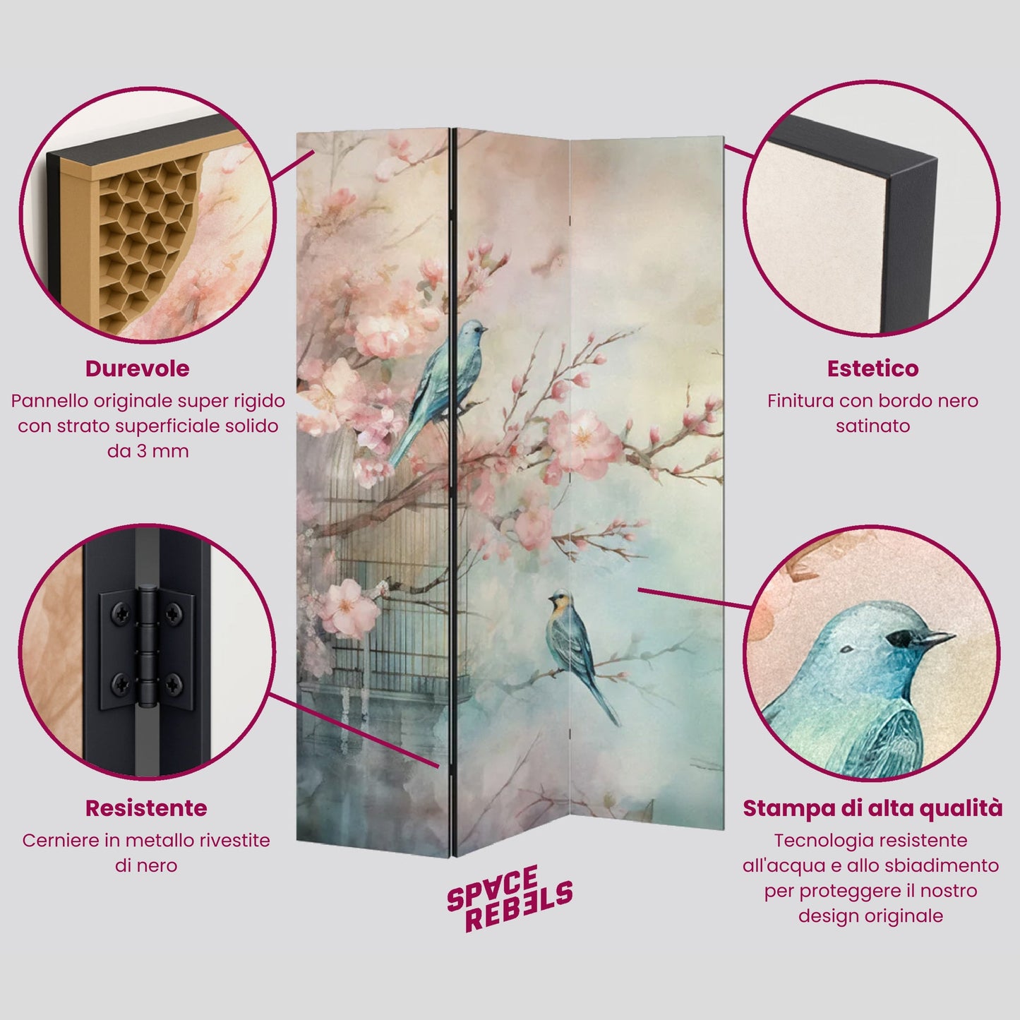 Divisorio decorativo per ambienti a 3 pannelli ROSA IRREGOLARE